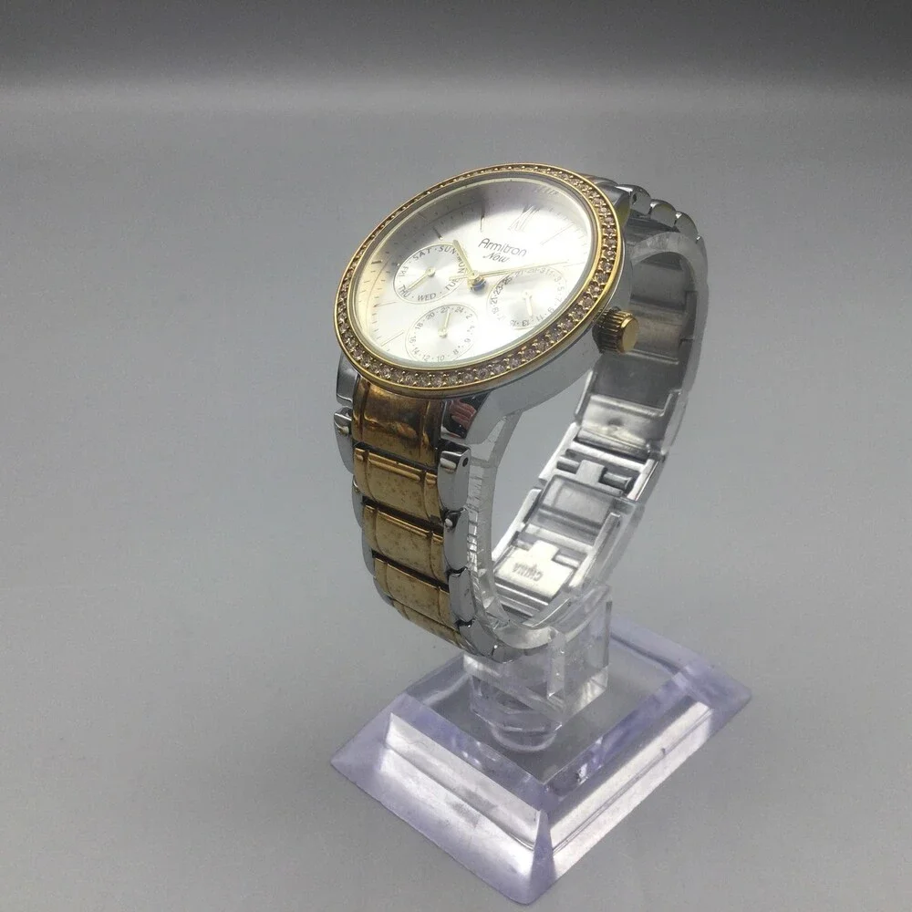 Armitron Now Womens Watch 34mm Two Tone Crystals Day Date New Battery 6.5